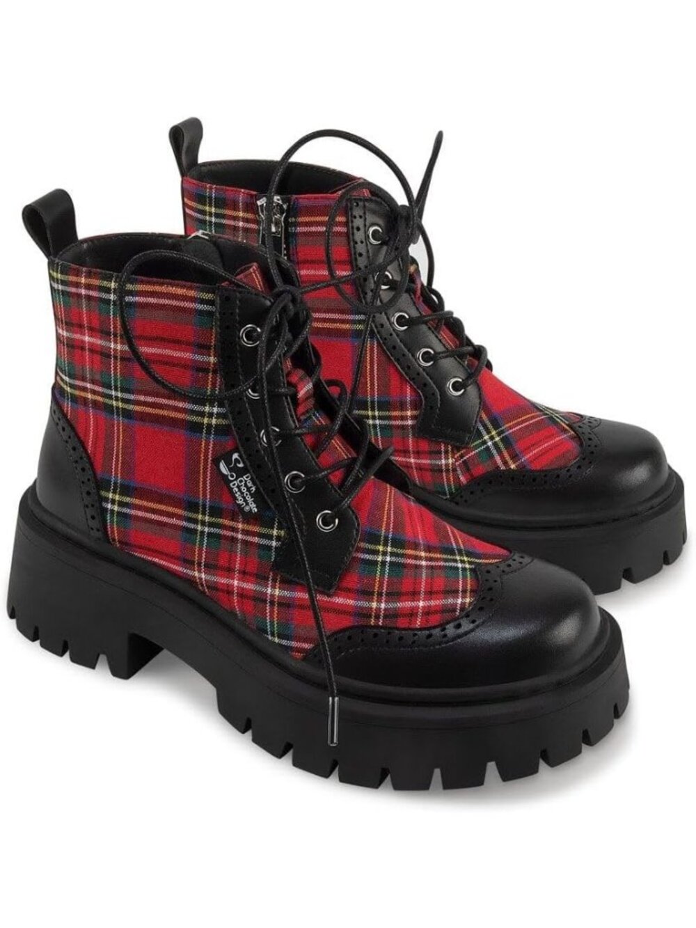 Women’s Red Tartan Rubber Faux Leather Chunky Platform Ankle Boots Laces